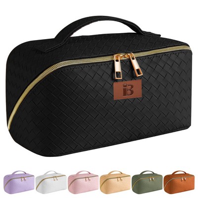 Large Capacity PU Leather Woven Cosmetic Bag